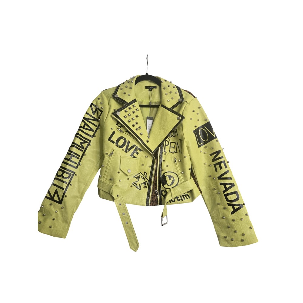 For Her NYC Pistachio Moto Jacket Lime Green Studded Graphic Leopard Print L NWT - Picture 3 of 5